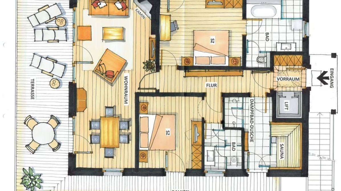 Two-bedroom floor plan featuring private sauna and steam shower