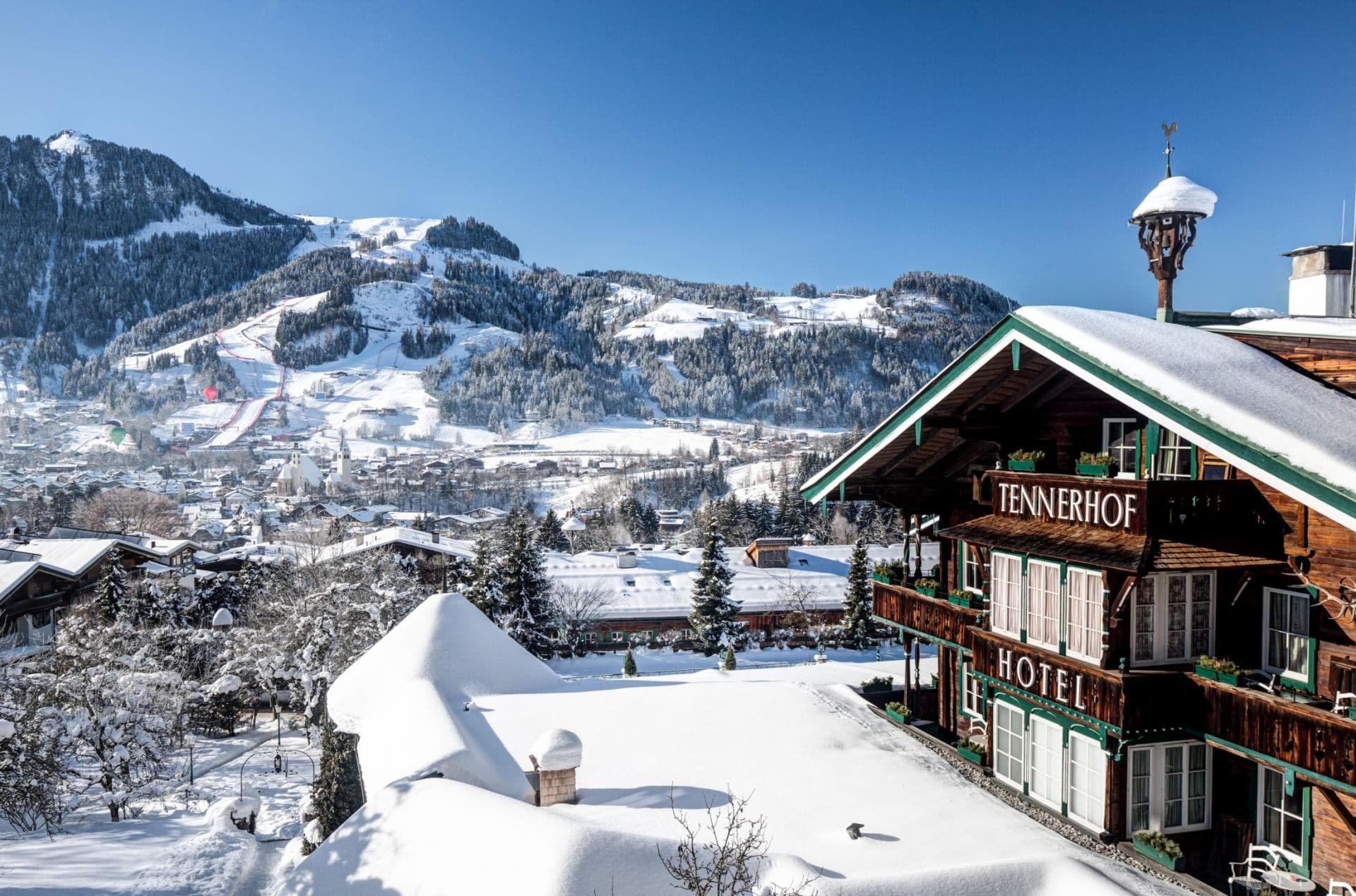 Chalet exterior with panoramic views of Kitzbühel and the Hahnenkamm ski runs
