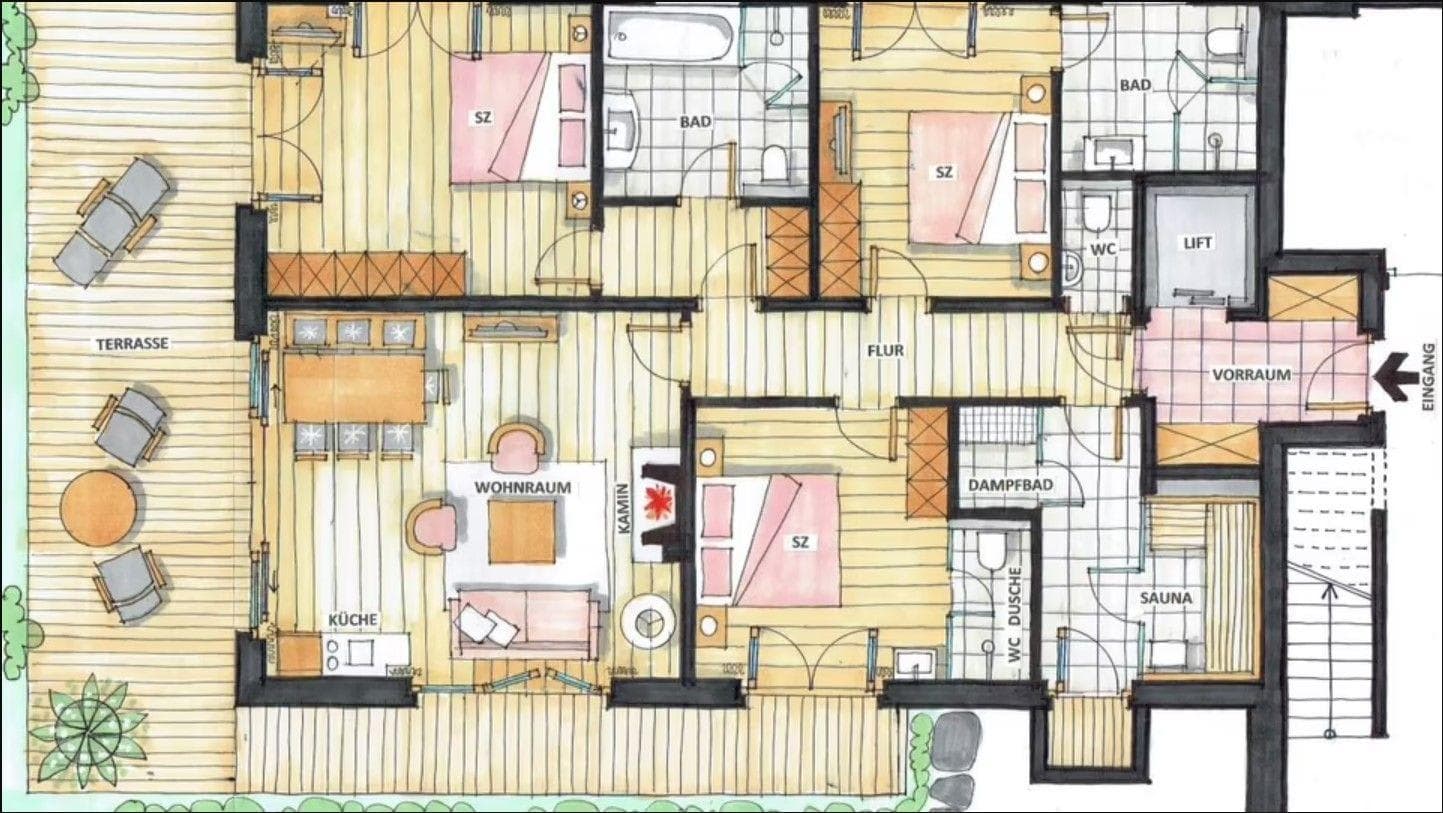 Floor plan: three bedrooms, open-plan living, terrace, sauna, and private elevator access