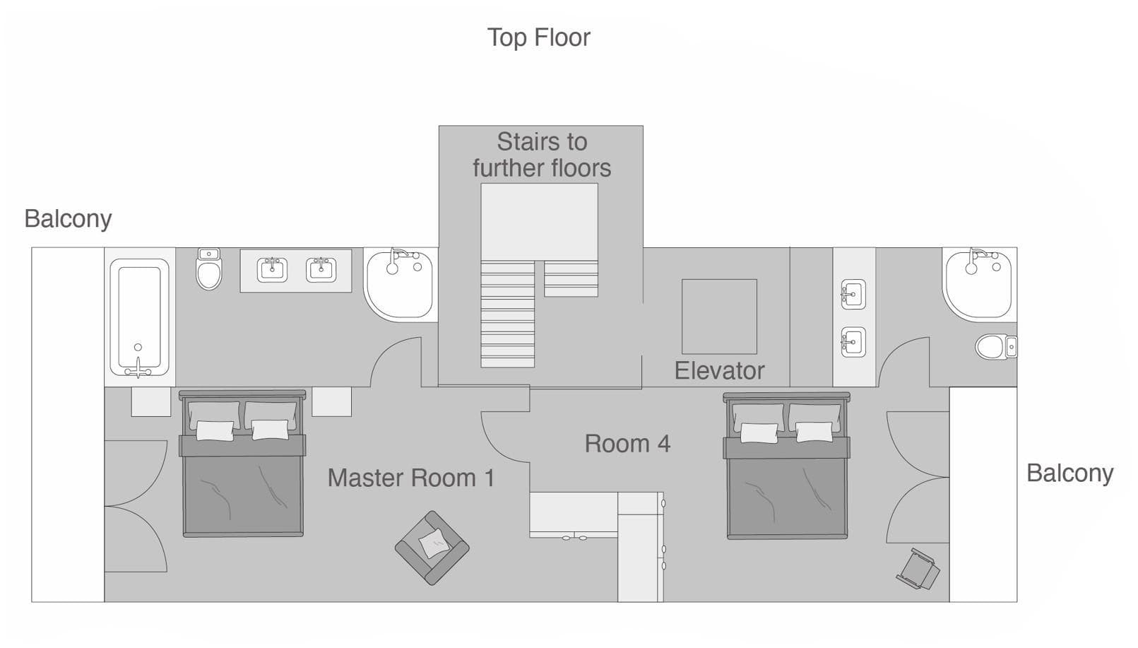 Top floor layout: two ensuite bedrooms, elevator access, and private balconies