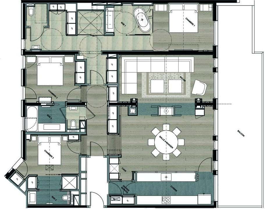Floor plan: three en-suite bedrooms, open-plan living, and large private balcony