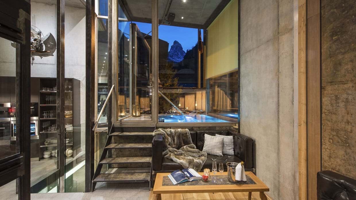 Sitting area with Matterhorn views and access to indoor-outdoor pool