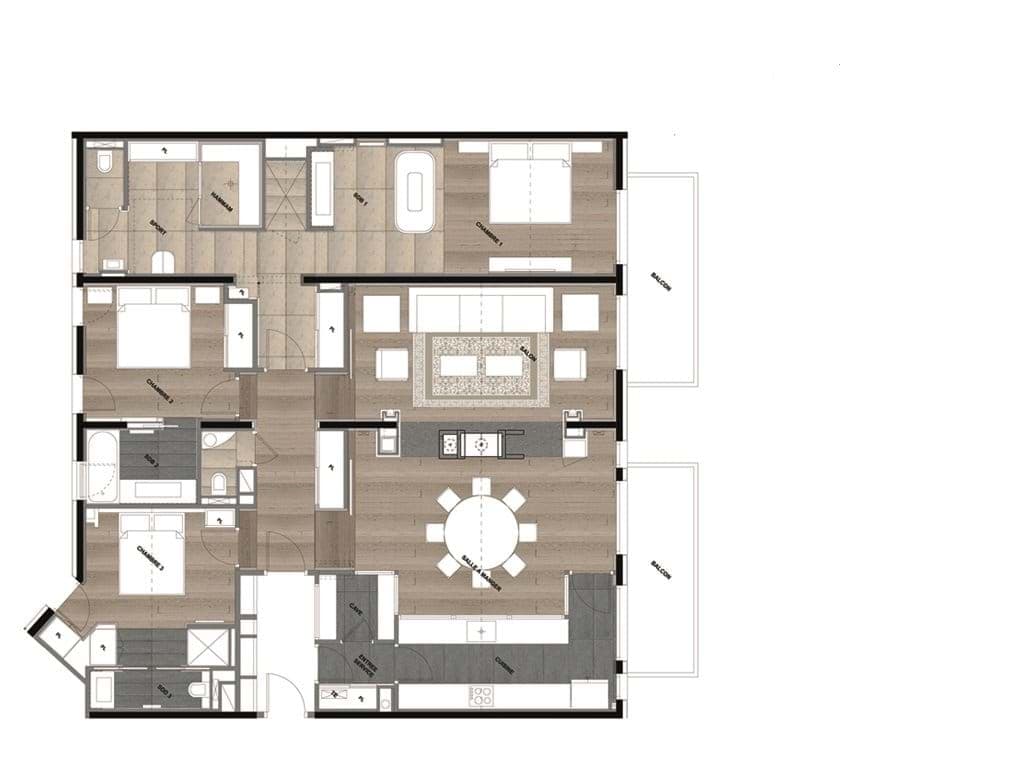 Floor plan: 3 bedrooms, hammam, gym area, and open-plan living with two balconies