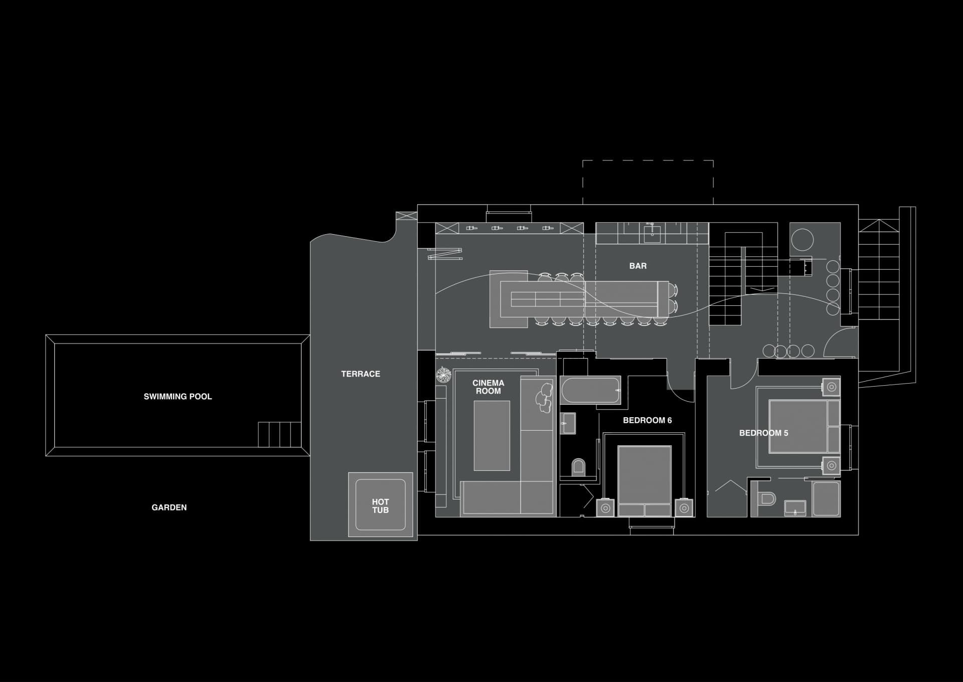 Lower level plan: cinema, bar, two bedrooms, terrace, and pool access