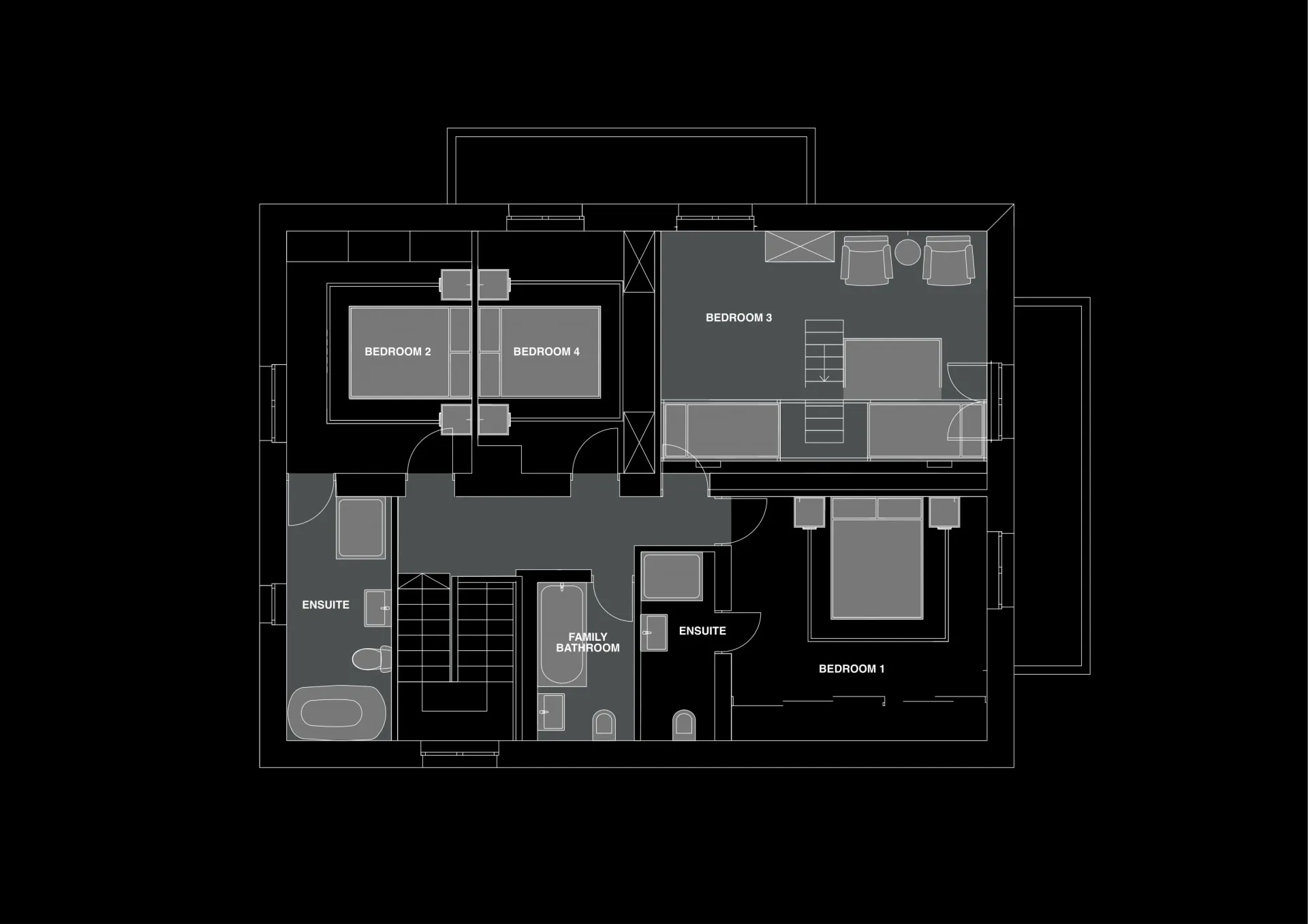 Top-floor plan with four bedrooms, two en-suites and a shared family bathroom