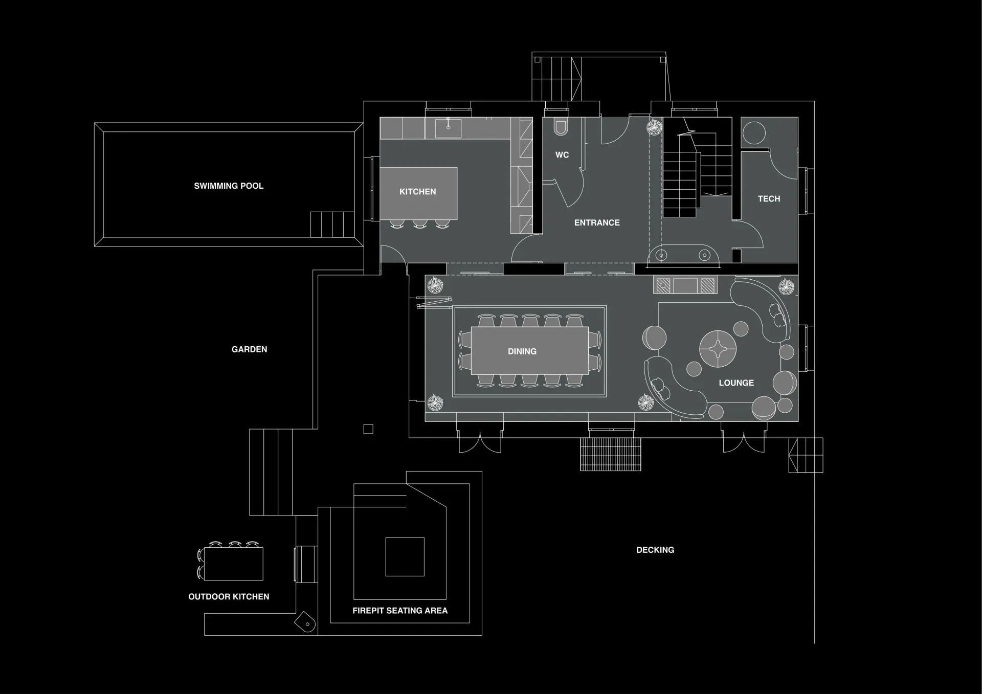 Entrance-level plan with kitchen, dining room, lounge, guest WC and garden access