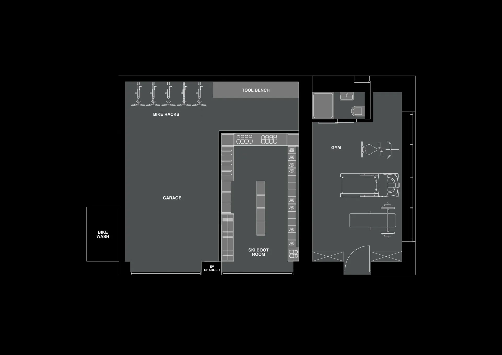 Garage and gym plan with bike storage, ski room, boot warmers and EV charger