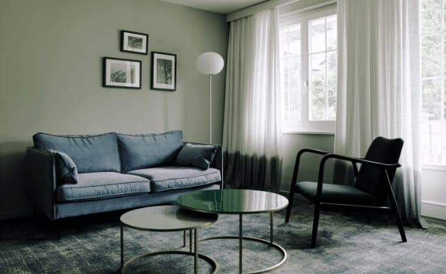 Living room with velvet sofa and armchair; garden view