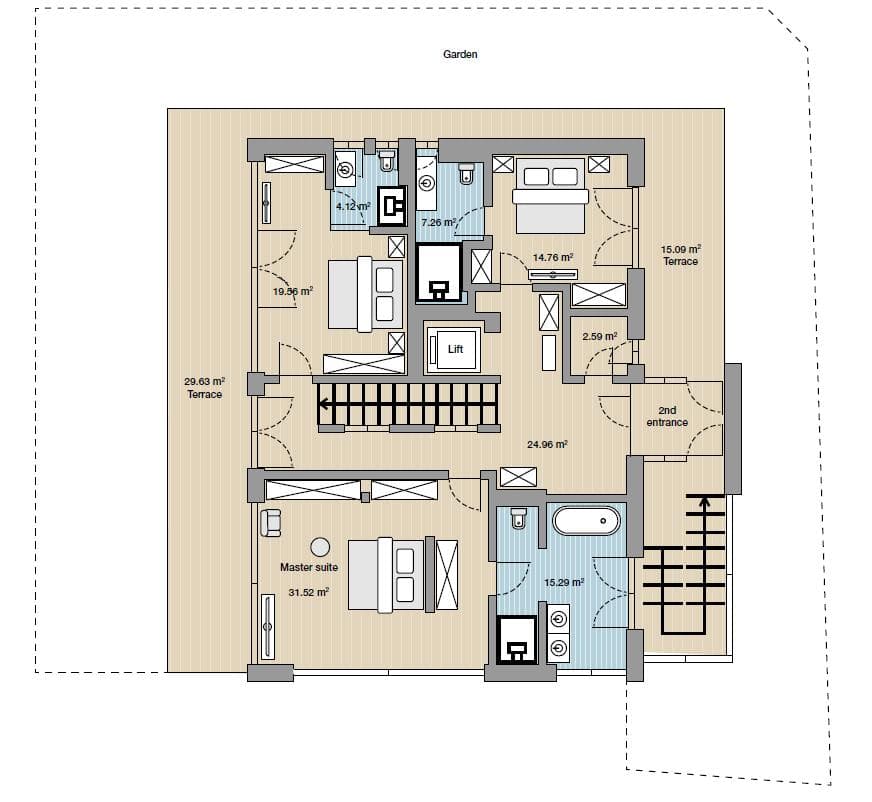 Floor plan: three bedrooms, lift access, and two large terraces