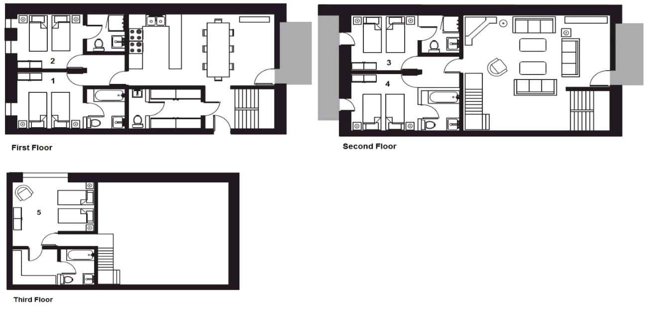 Three-level floor plan showing 5 bedrooms with en-suites, kitchen, and living areas