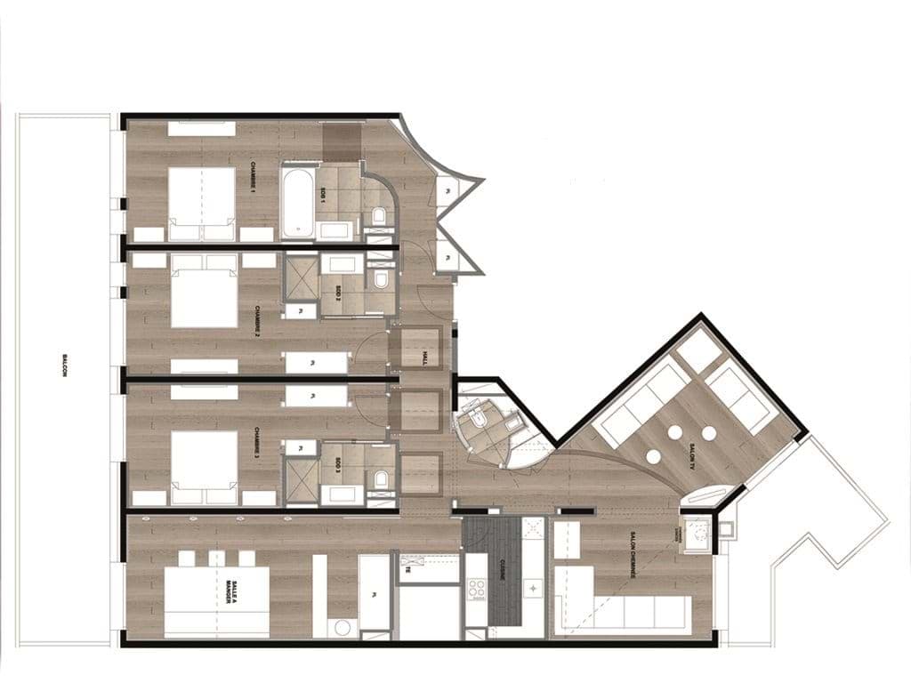 Floor plan featuring three bedrooms, each with private en-suite bathroom