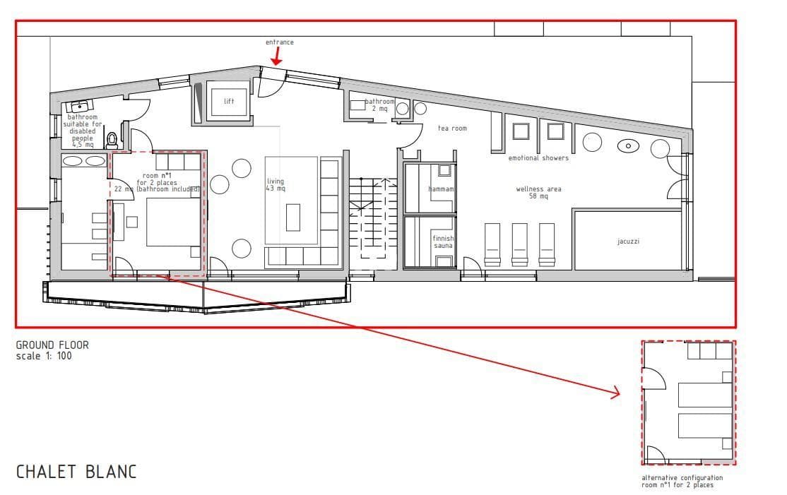 Ground floor plan: bedroom, living area, and wellness suite with sauna and jacuzzi