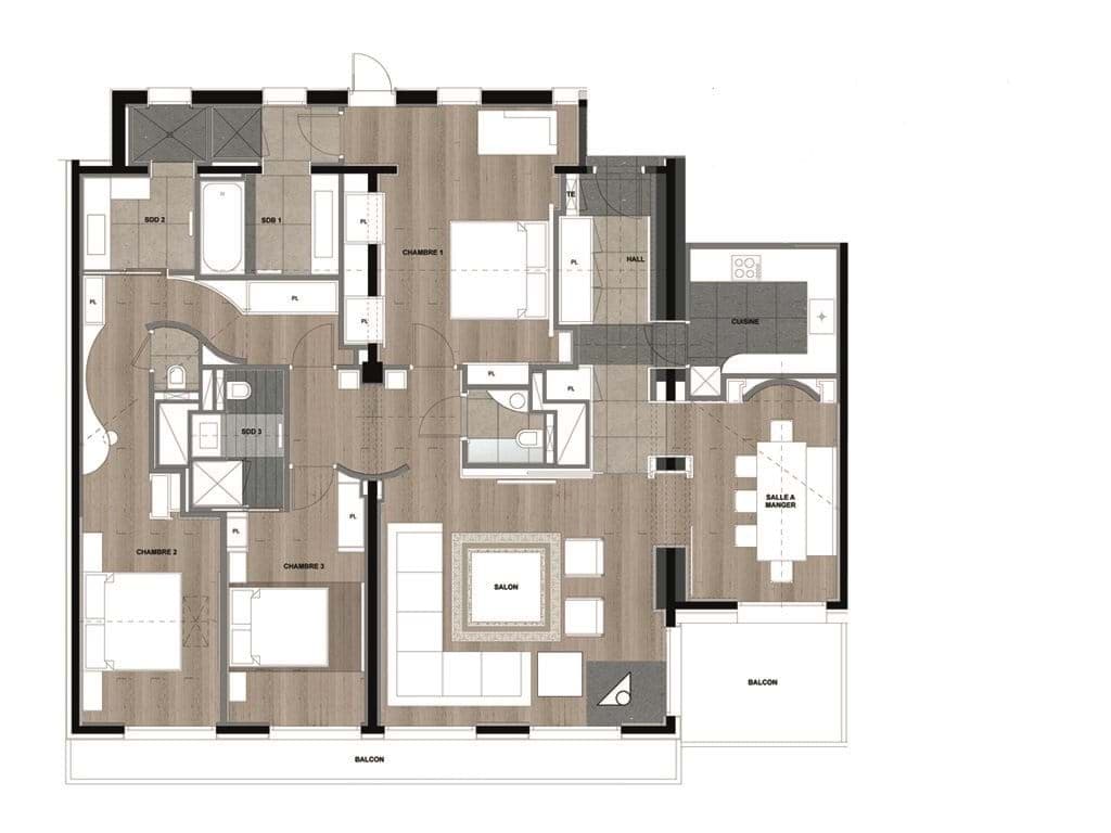 Floor plan: three bedrooms, three bathrooms, kitchen, dining area, and two balconies