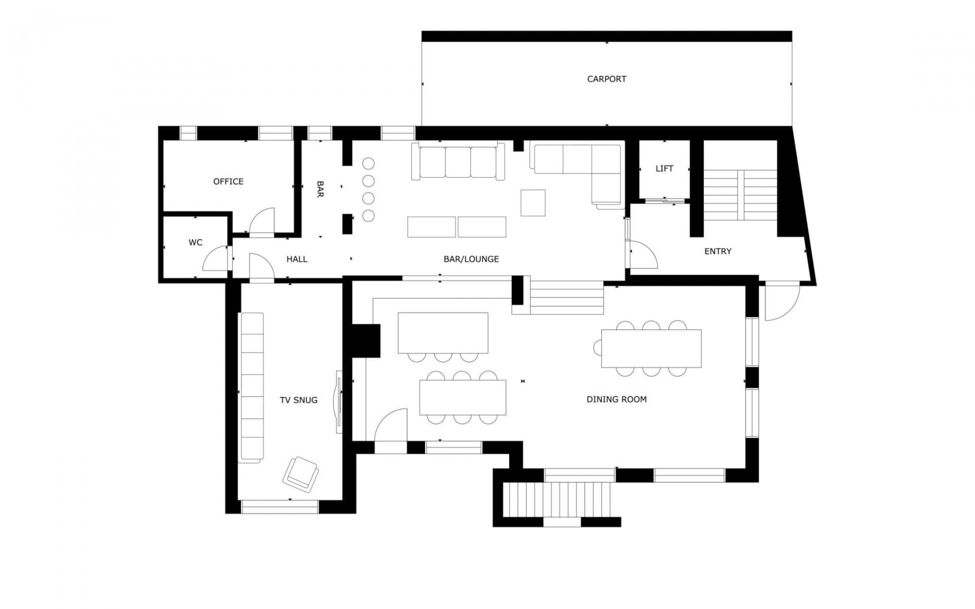 Ground floor layout: carport, bar/lounge, dining room, and TV snug with lift access