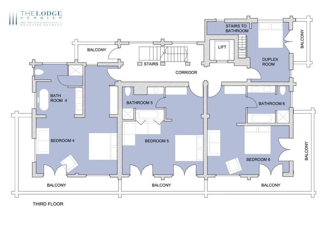 Third floor plan: three en-suite bedrooms, duplex room, and five private balconies