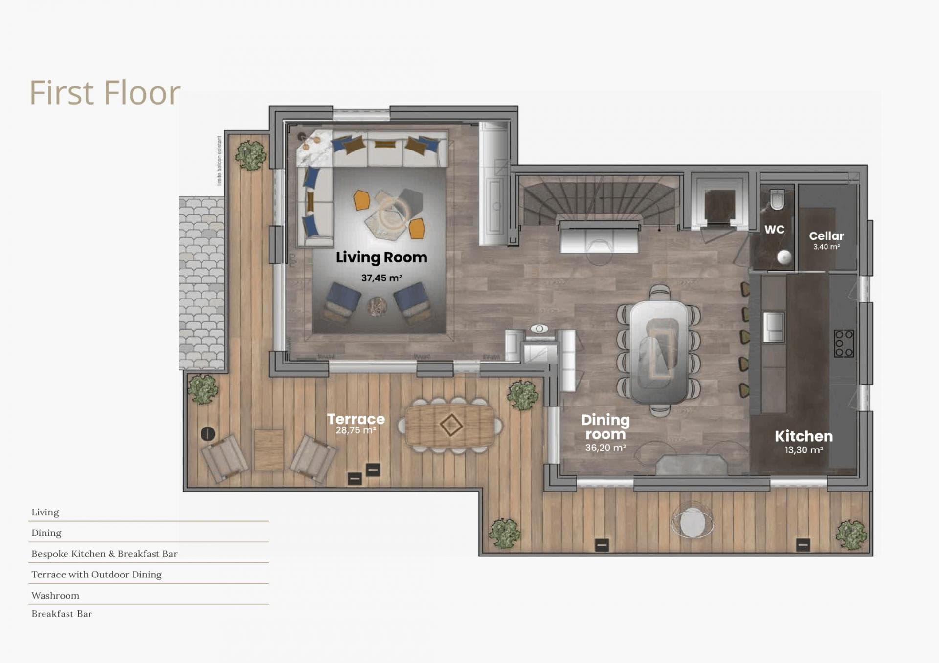First floor layout: kitchen, living, dining areas, and terrace with outdoor dining