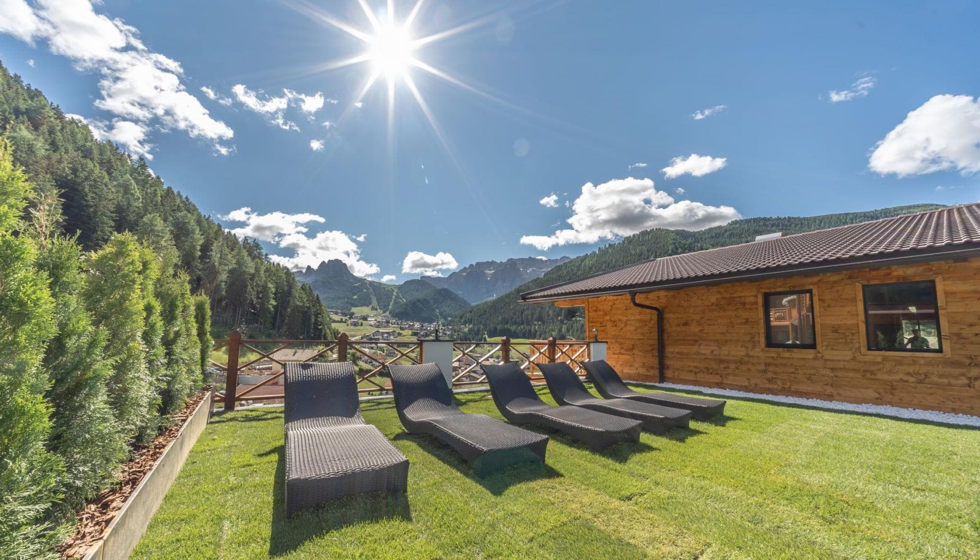 Private lawn with 5 sun loungers and mountain valley views