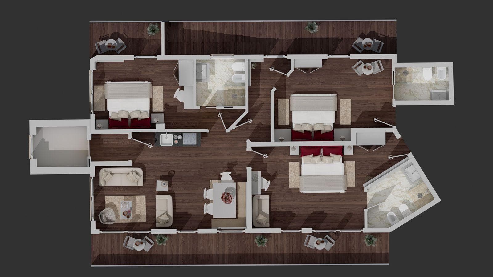 Three-bedroom floor plan; each bedroom features an ensuite bathroom and balcony access