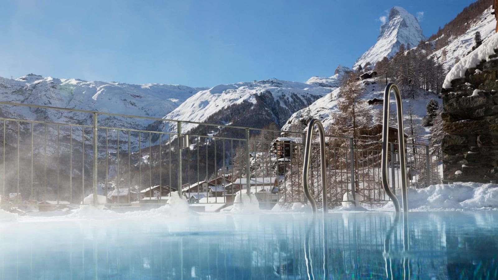 Heated outdoor pool with direct views of the Matterhorn