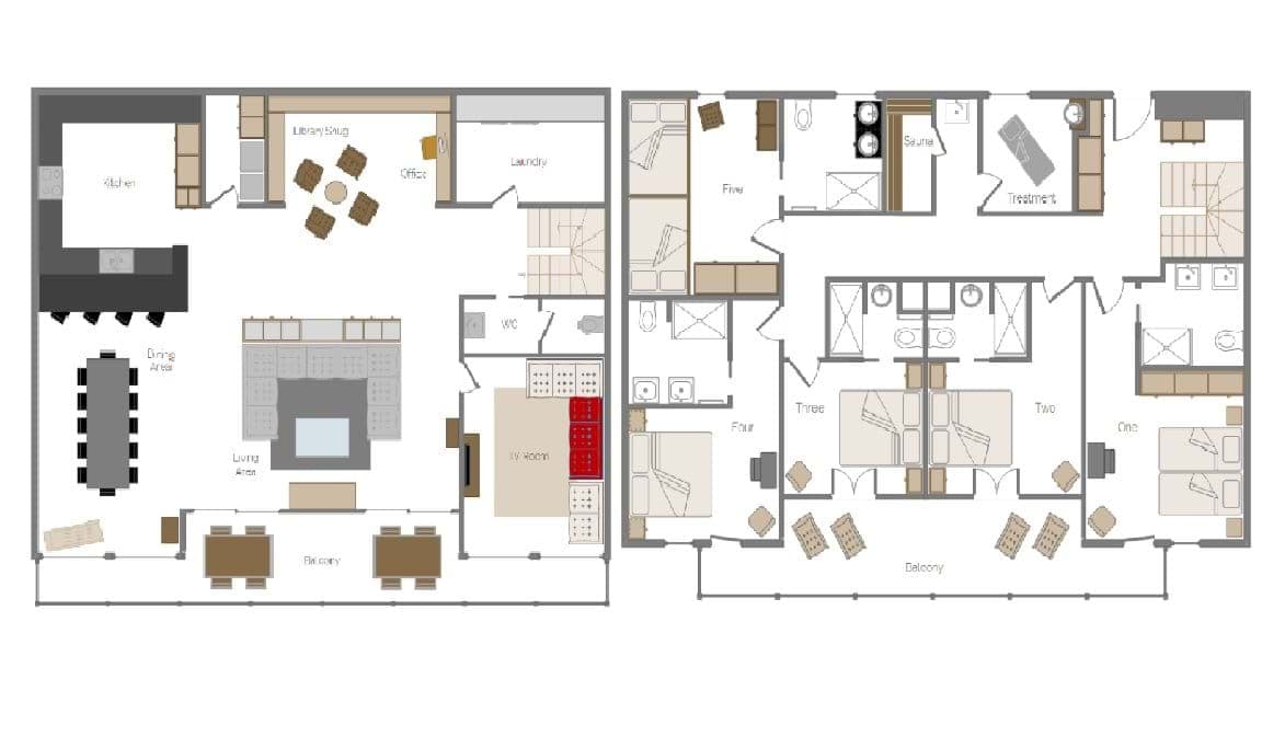 Two-level floor plan with five bedrooms, sauna, and treatment room