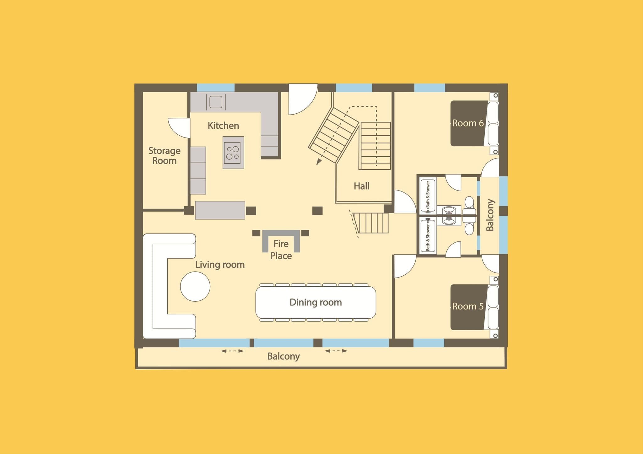 First floor plan: kitchen, dining, living room with fireplace, plus two bedrooms and balcony
