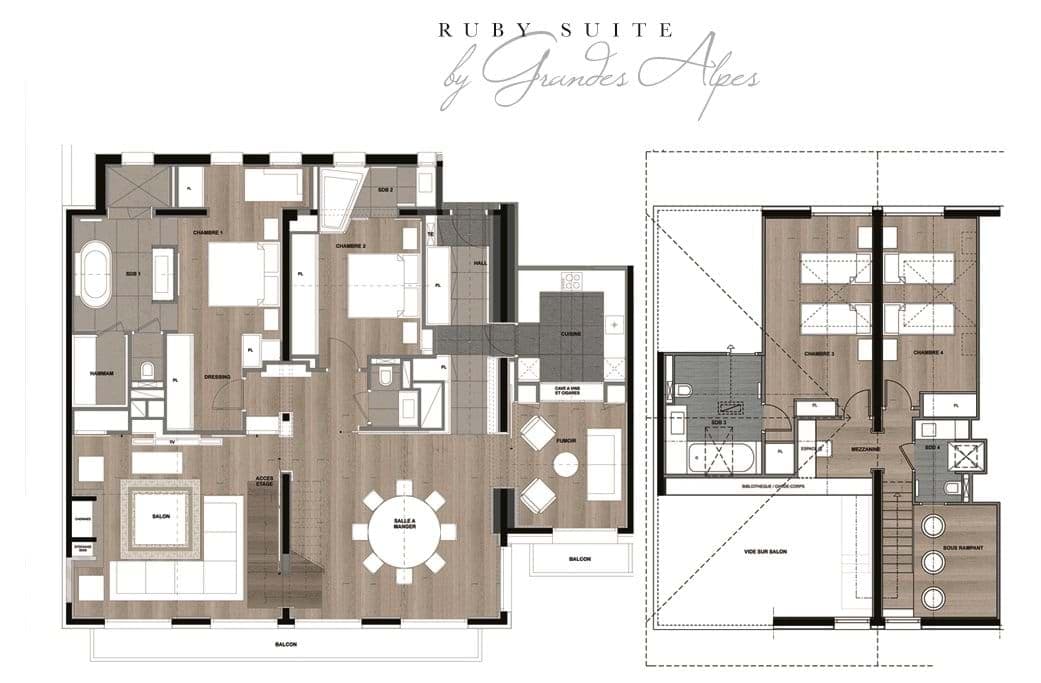 Two-level floor plan: living area, kitchen, and 4 bedrooms with private bathrooms