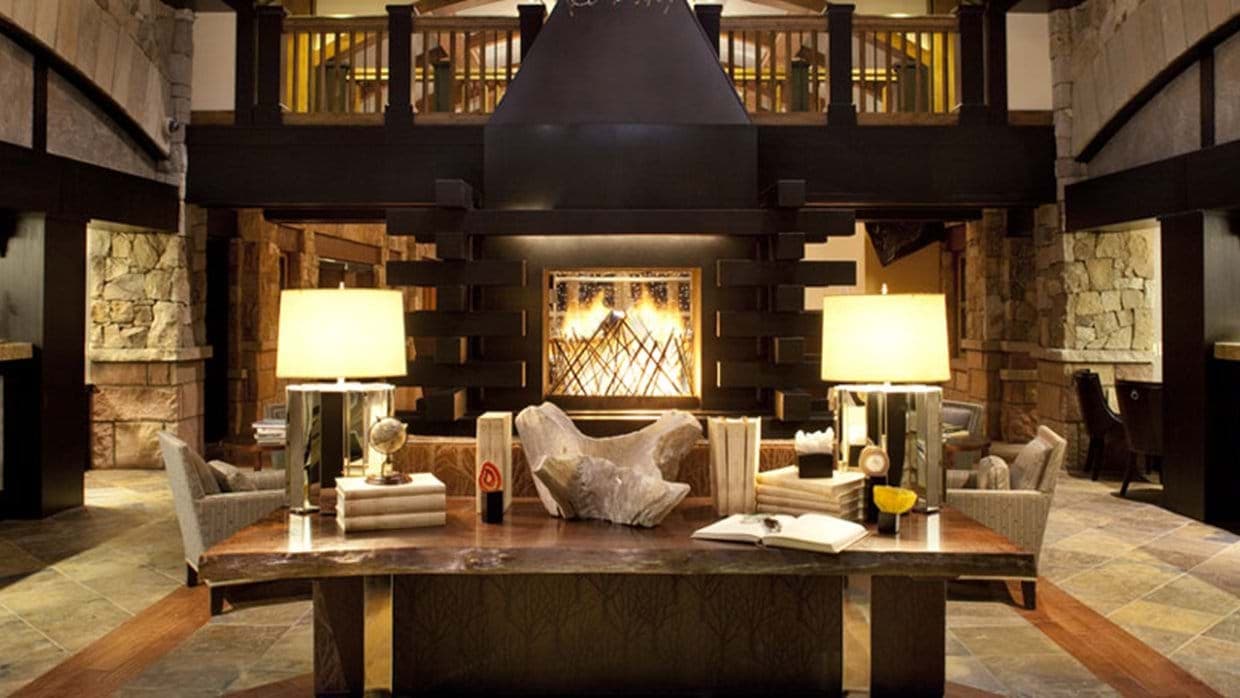 Lobby lounge with double-sided gas fireplace and mezzanine overlook