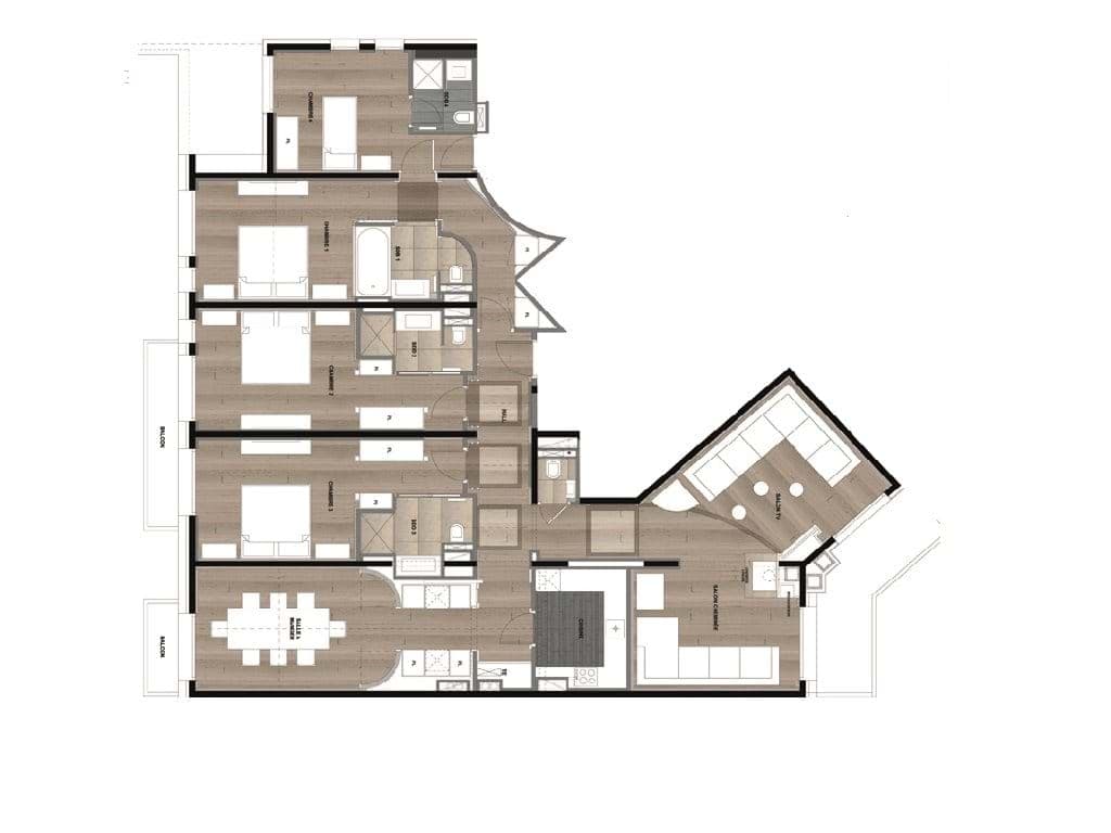 Four-bedroom floor plan featuring three en-suite bathrooms and separate media lounge