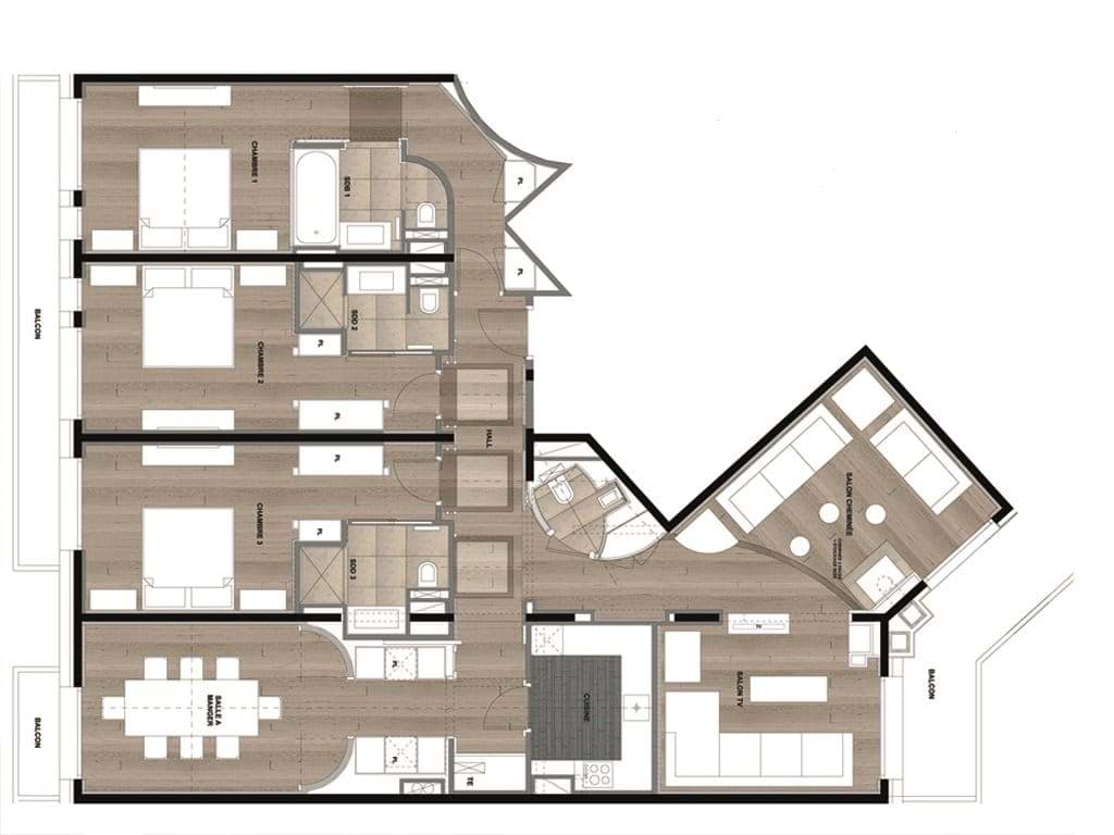 Three-bedroom floor plan with en-suite bathrooms and dual lounge areas
