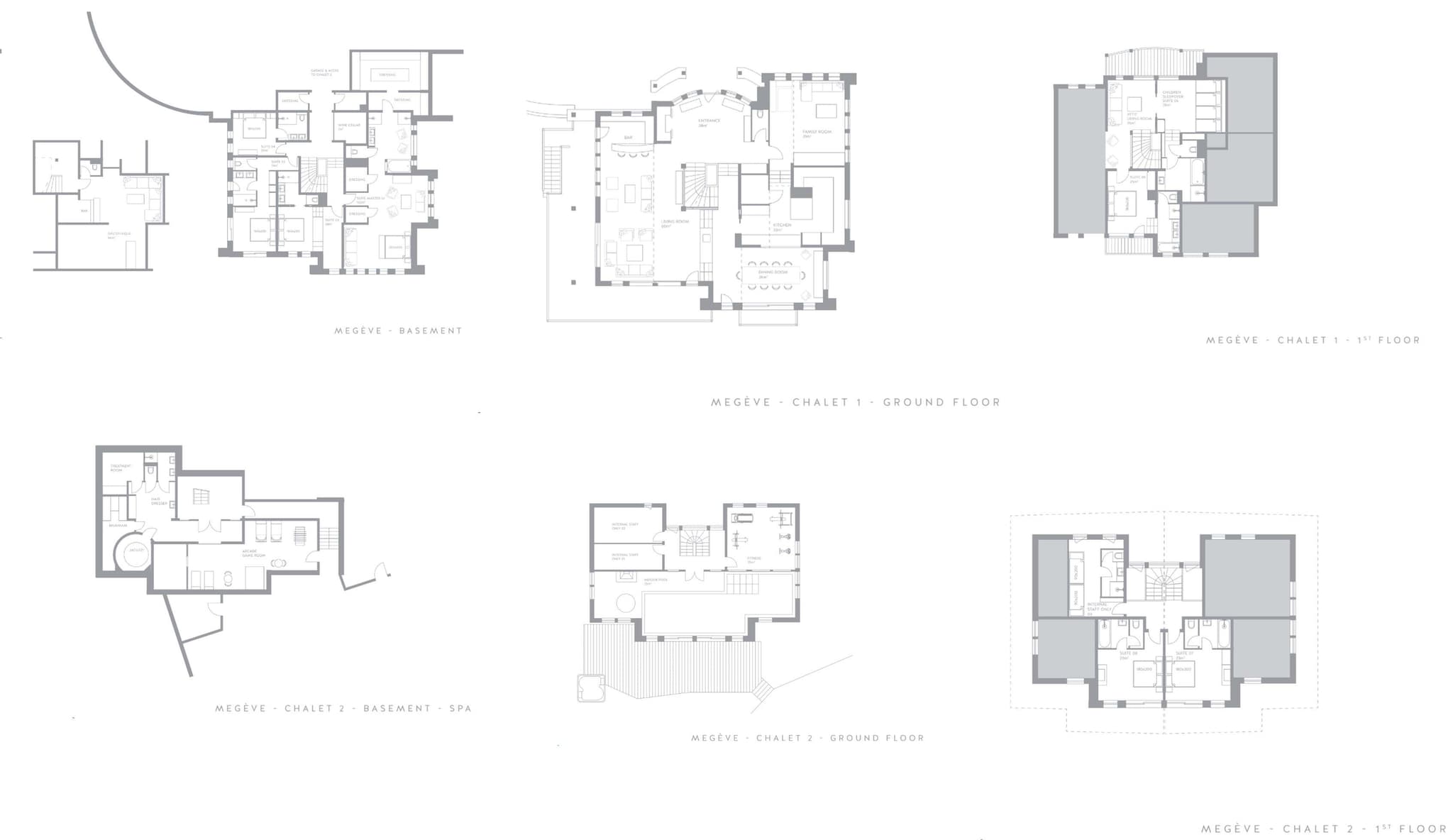 Multi-level floor plans for two chalets including a private basement spa