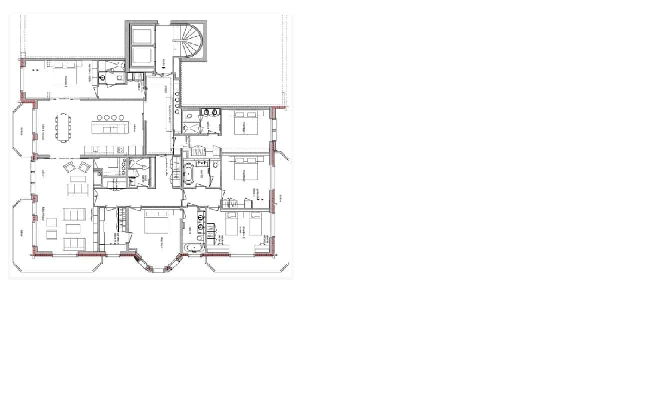 Floor plan: open-plan living, four bedrooms, and multiple terrace access points