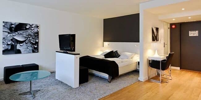 Studio layout with queen bed, swivel TV, and dedicated workstation