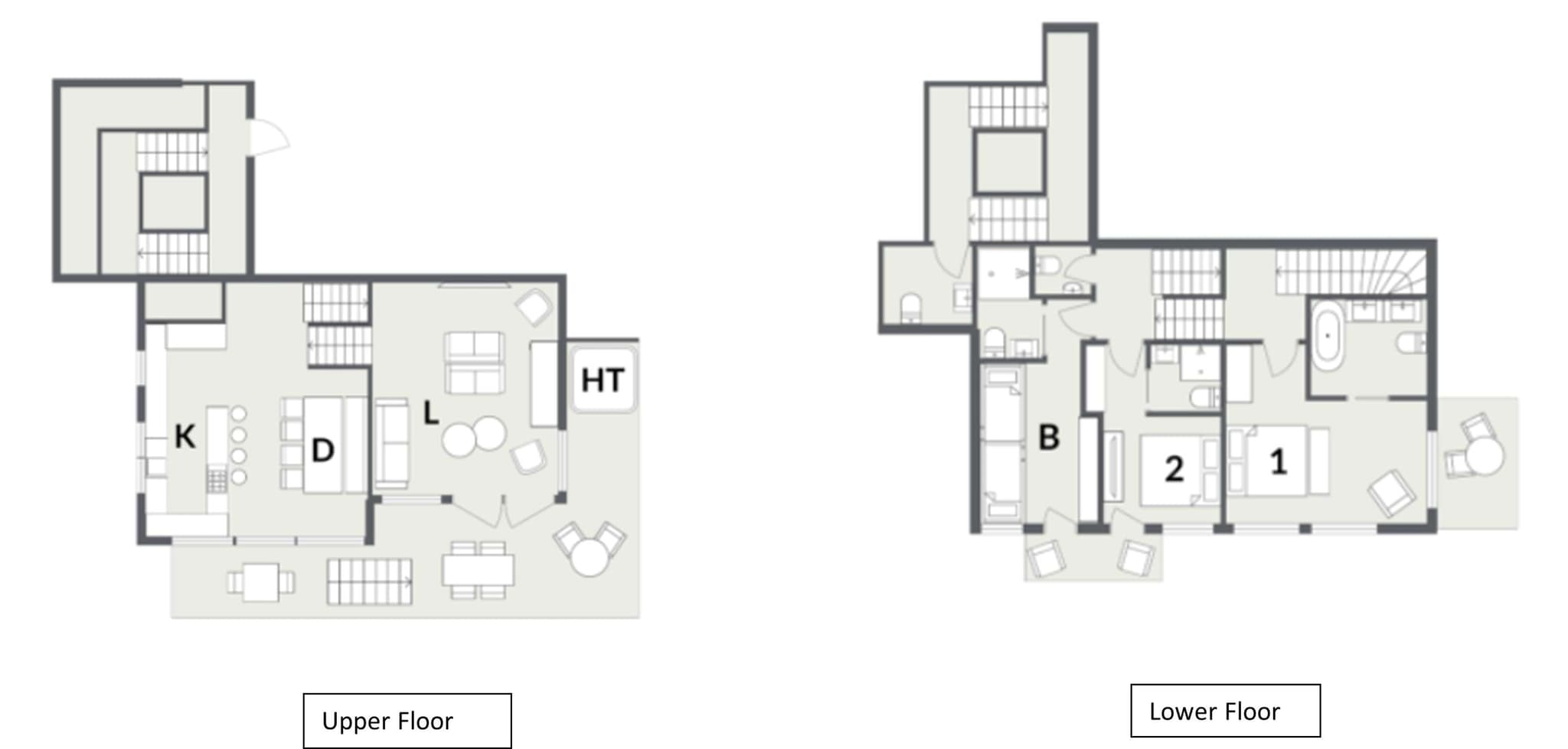 Upper and lower floor plans showing bunk room, two bedrooms, and outdoor hot tub