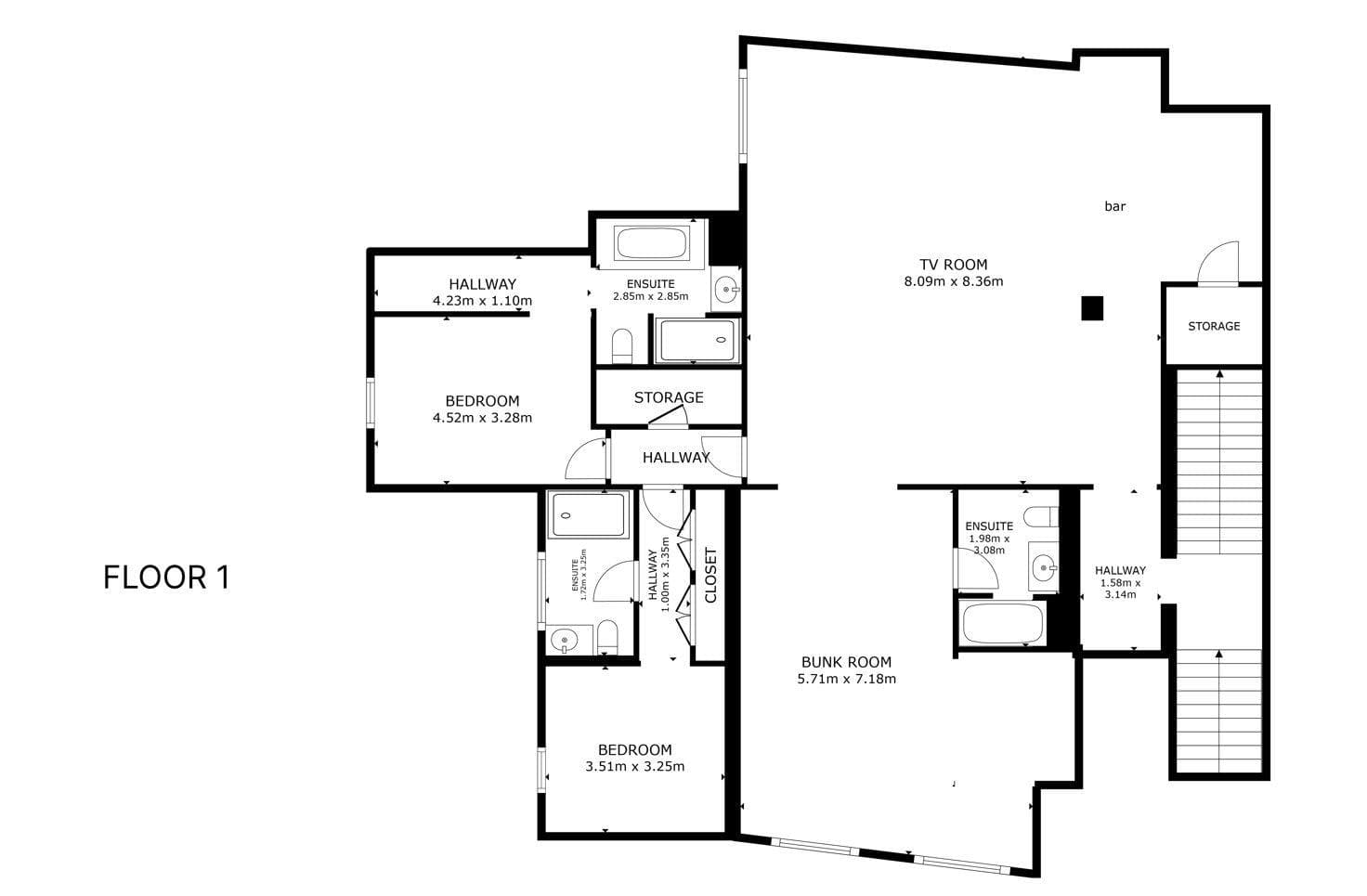 First floor plan: TV room with bar, bunk room, and two guest bedrooms