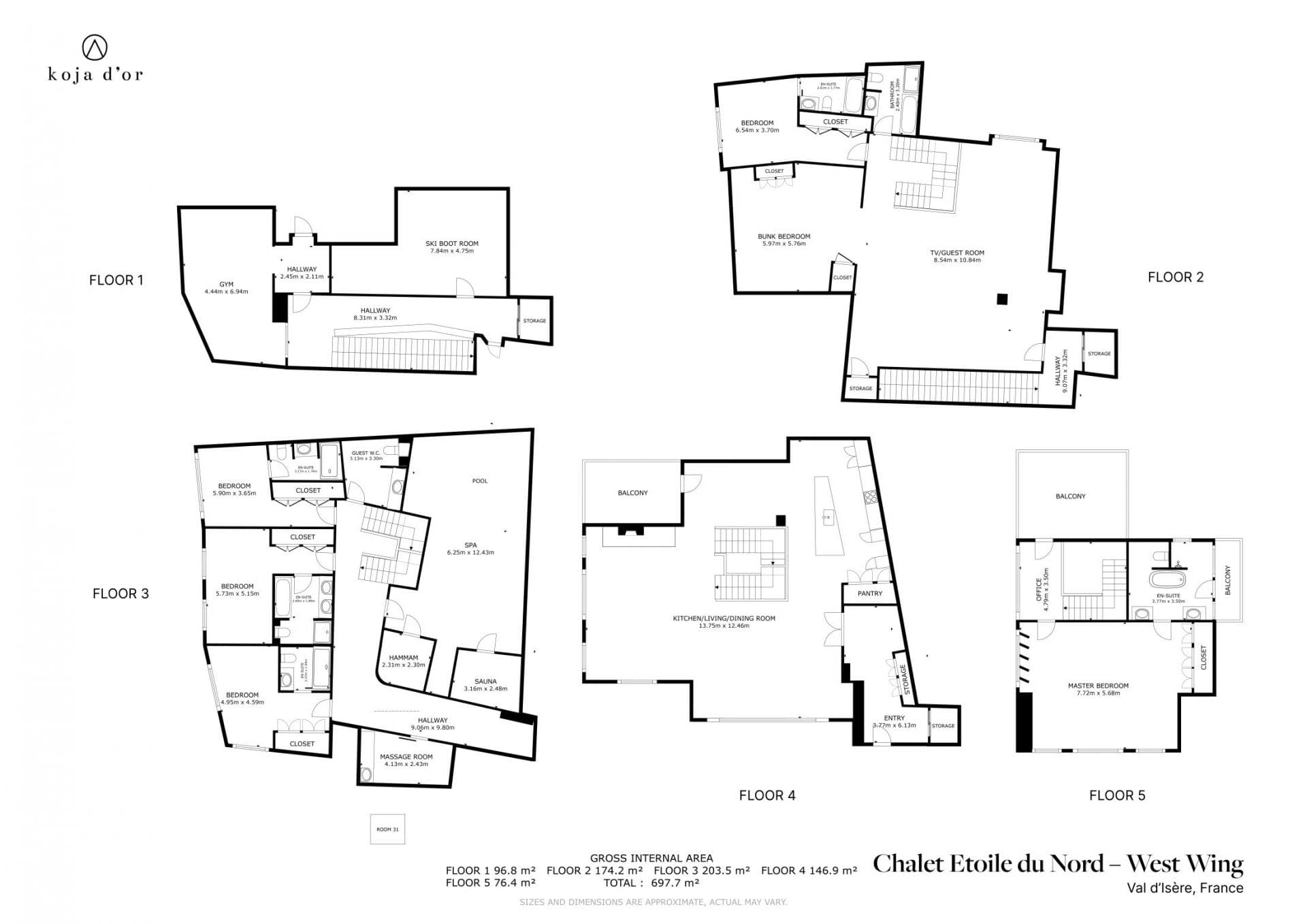 Five-story floor plan: gym, spa, pool, guest rooms, and top-floor master suite