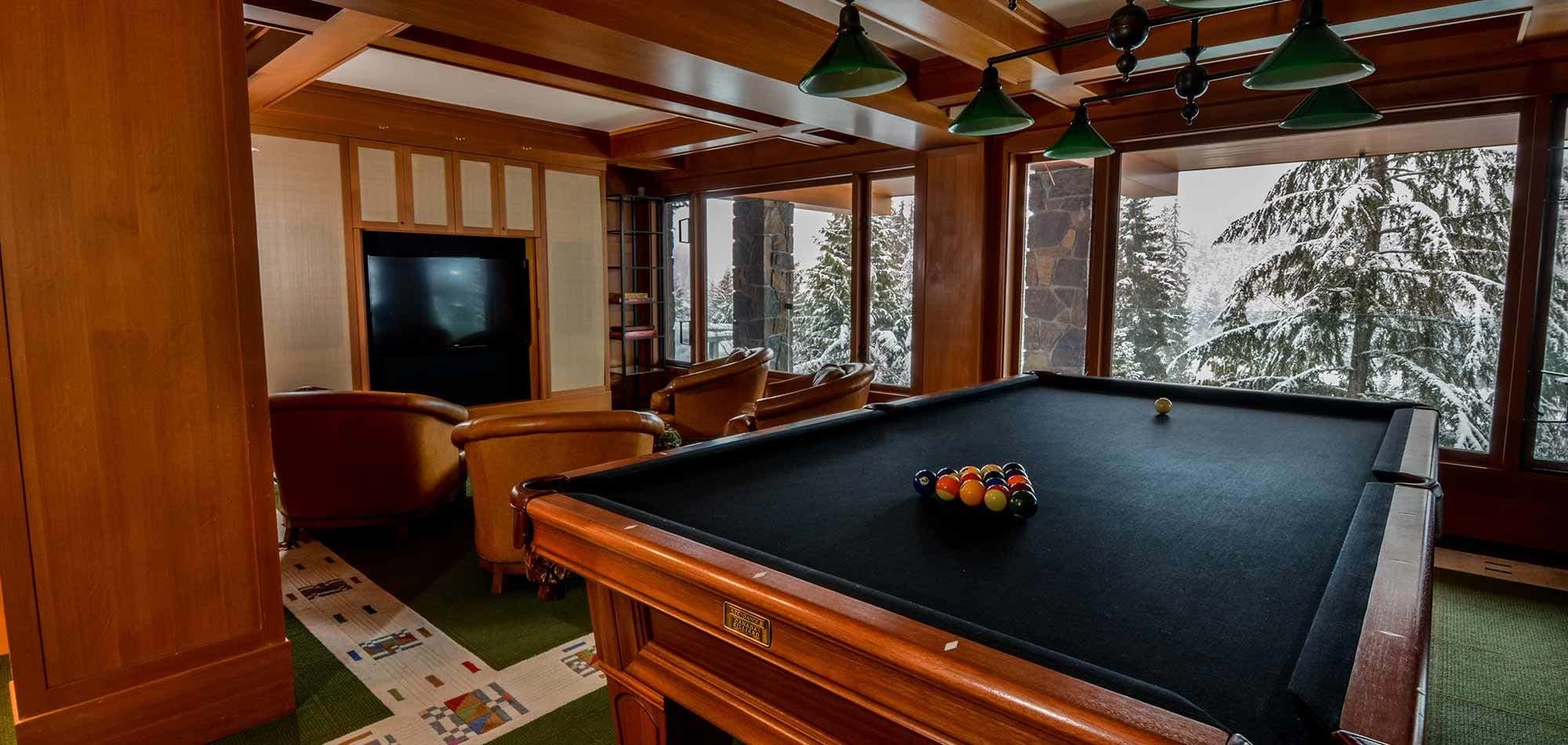 Billiards room with media lounge and snowy forest views