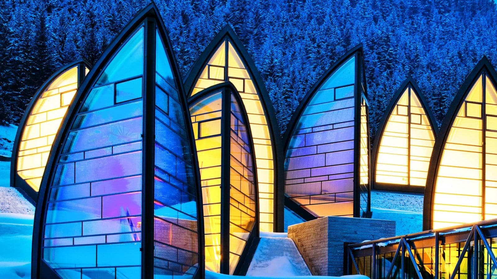 Architectural glass skylights with forest views and integrated night lighting