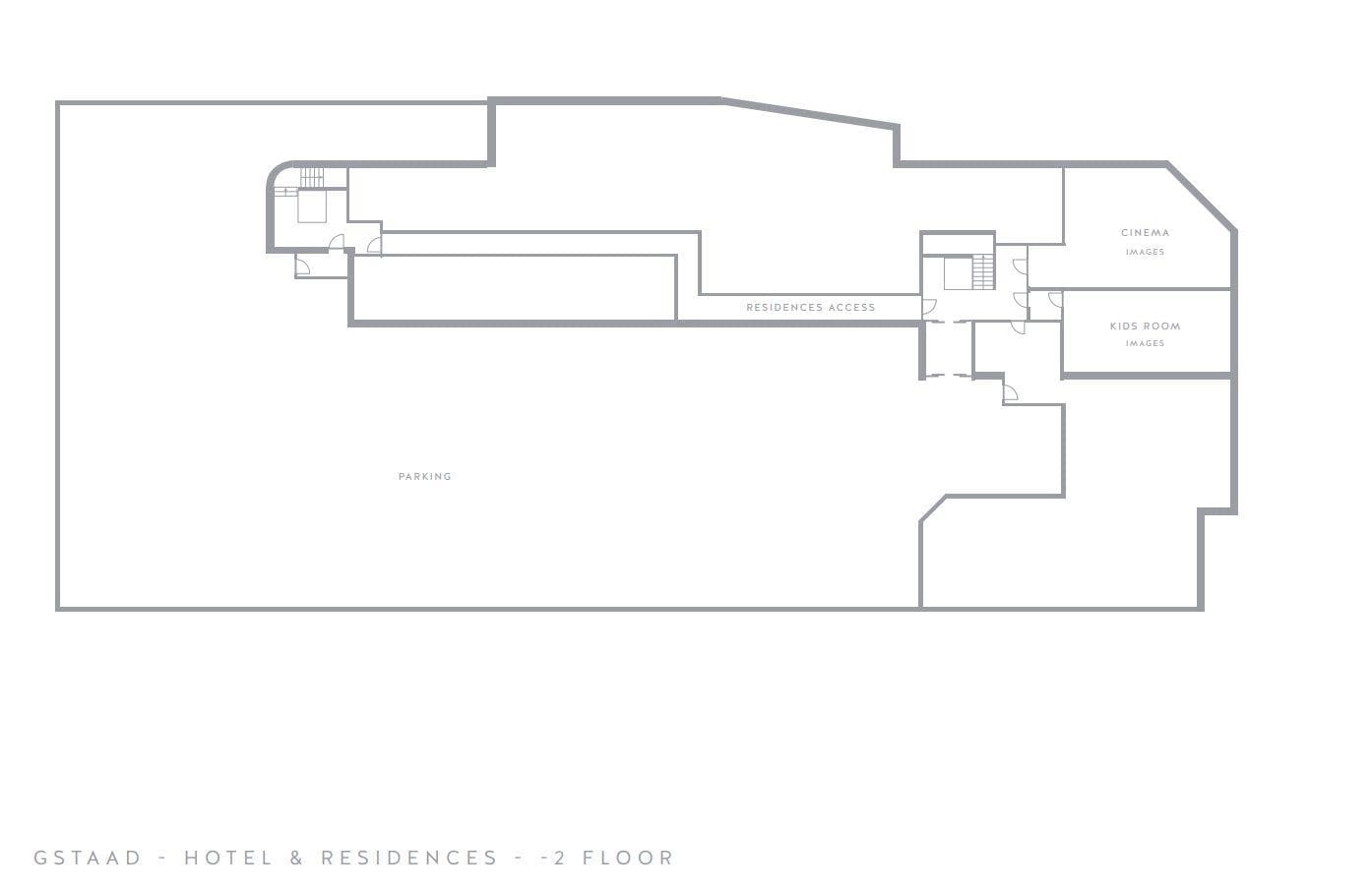 Lower floor plan: parking area, cinema room, and kids playroom
