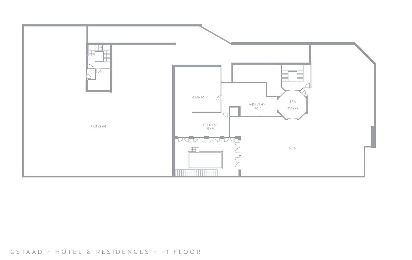 Lower level floor plan: parking, fitness gym, pool, clinic, and spa area