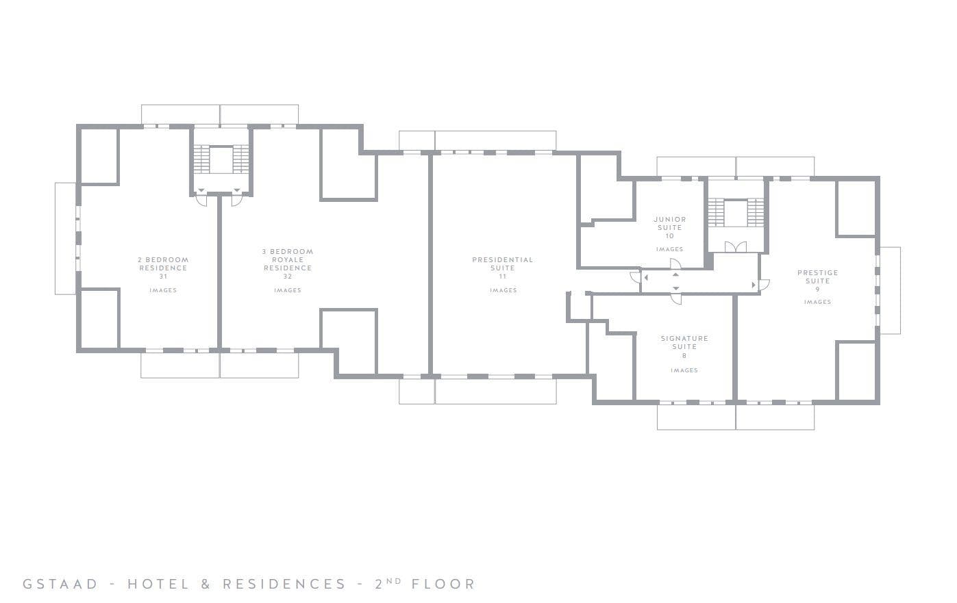 Second floor plan: Presidential, Signature, and Prestige suites with multi-bedroom residences