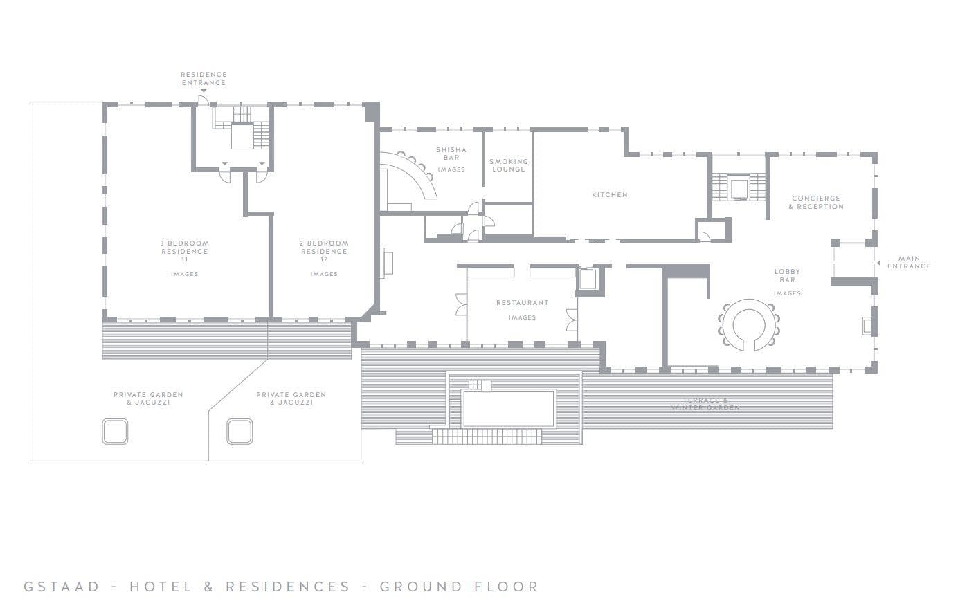 Ground floor plan: residence entrances, restaurant, lobby bar, and private garden with jacuzzi