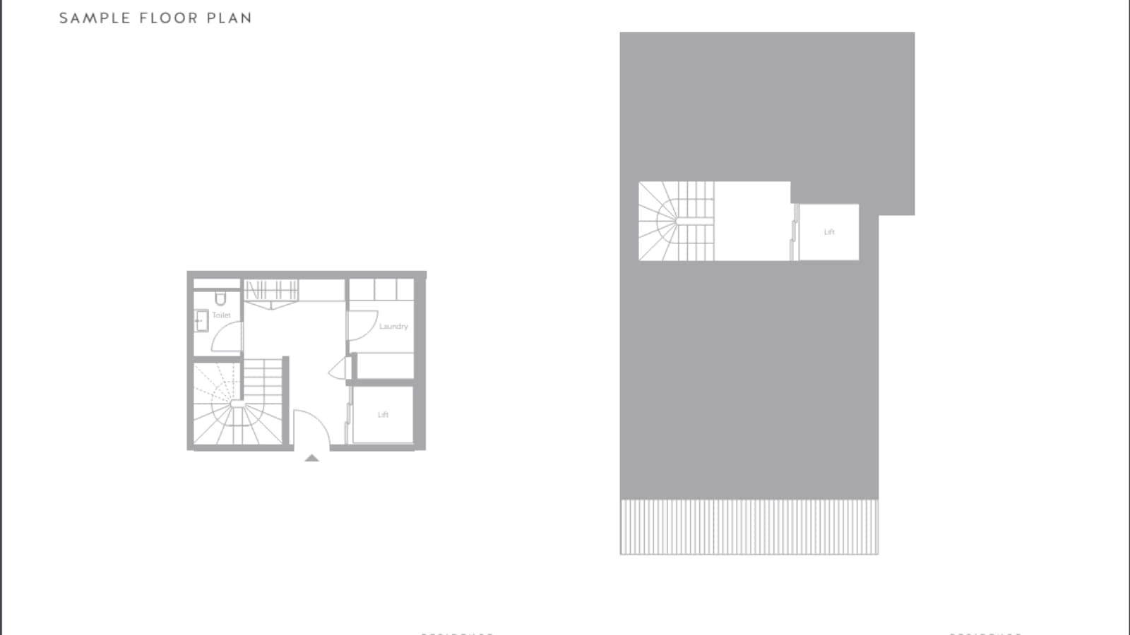 Lower floor plan: laundry room, toilet, lift, and stairwell access