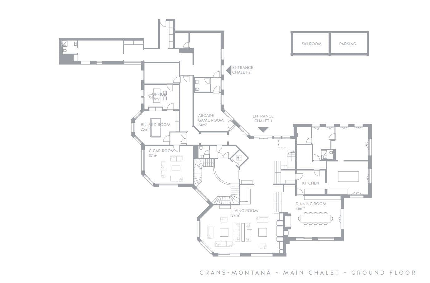 Ground floor plan: arcade, billiard room, cigar room, and main living areas