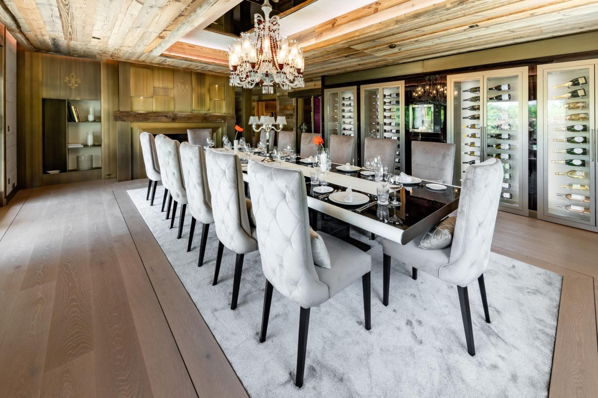 Formal dining room seats 12 with temperature-controlled wine storage