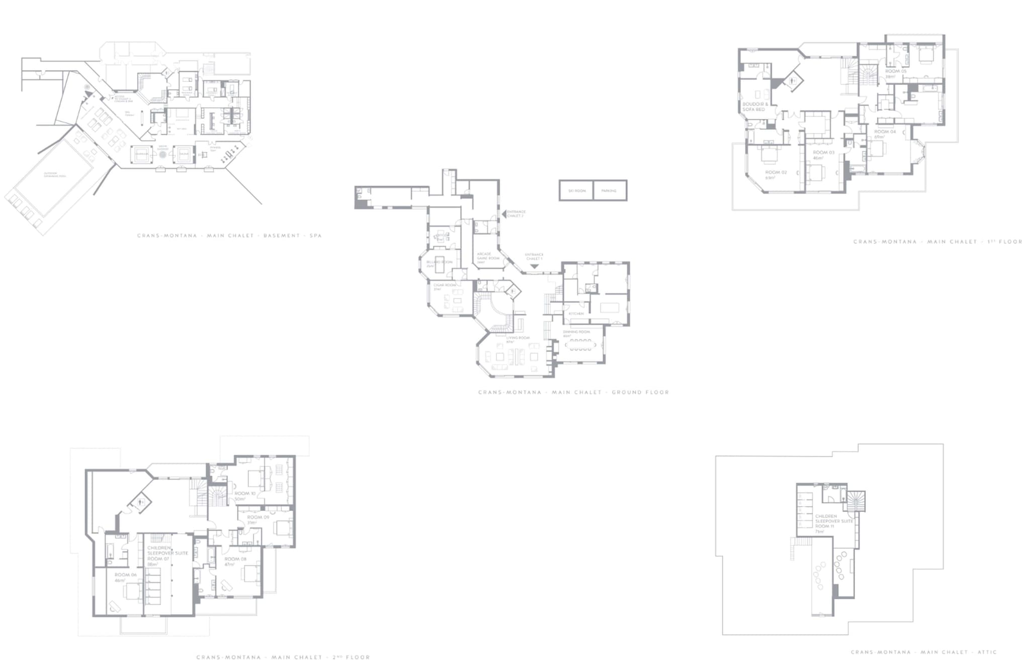 Five-level floor plans featuring basement spa and children's sleepover suite