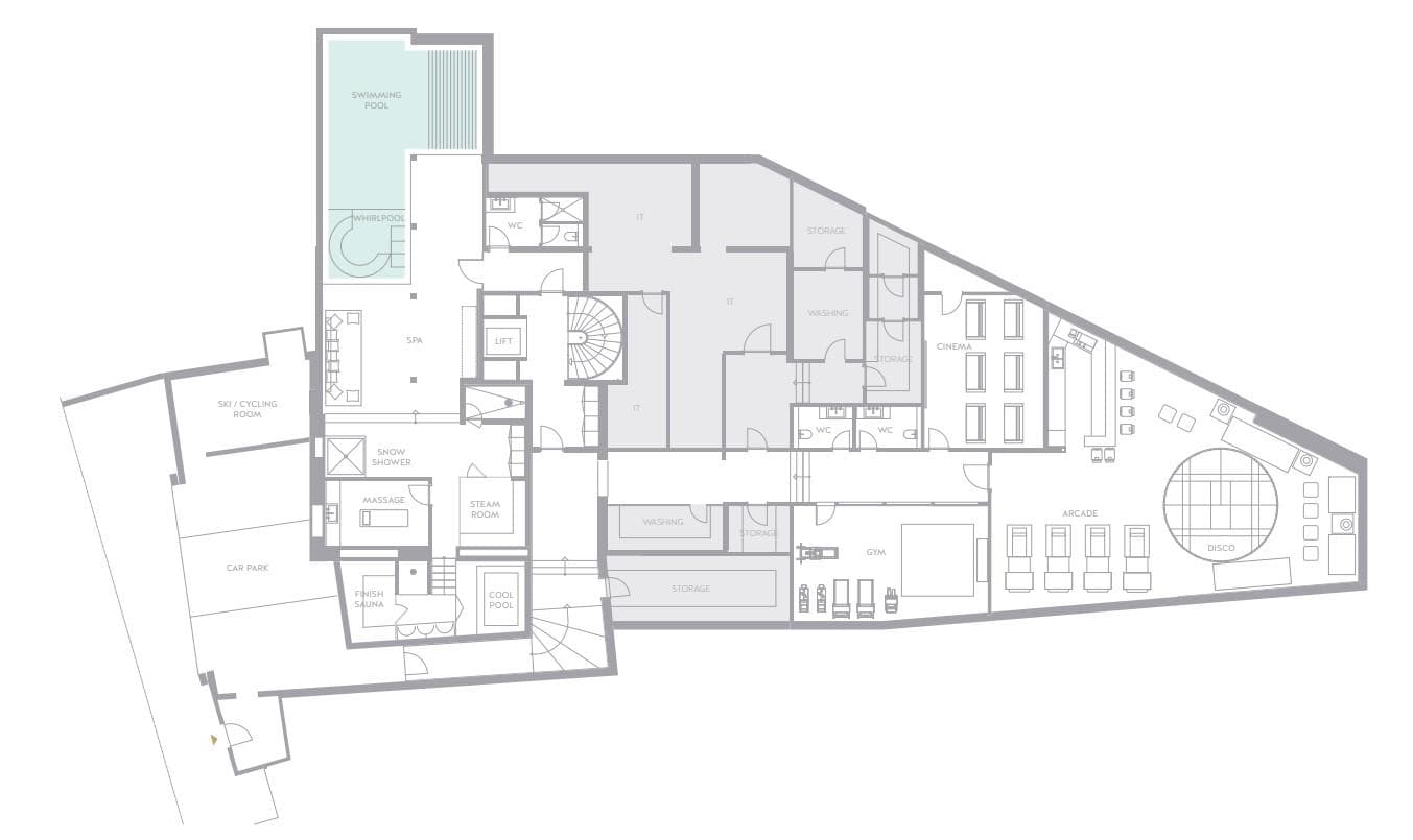 Lower level floor plan: indoor pool, spa, cinema, gym, arcade, and ski storage