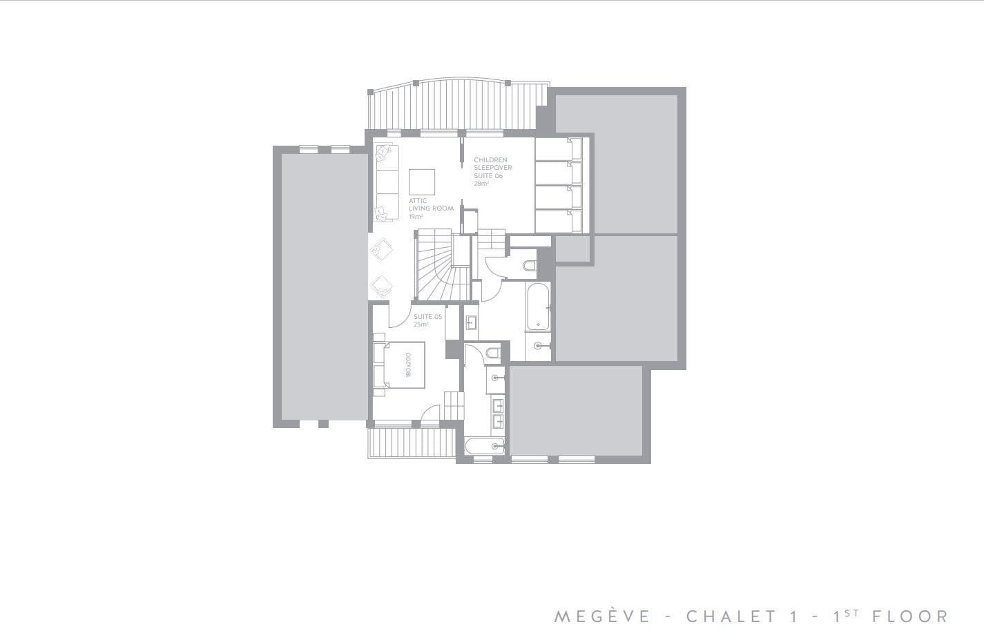 First floor layout: two bedroom suites, attic living room, and bunk sleepover area