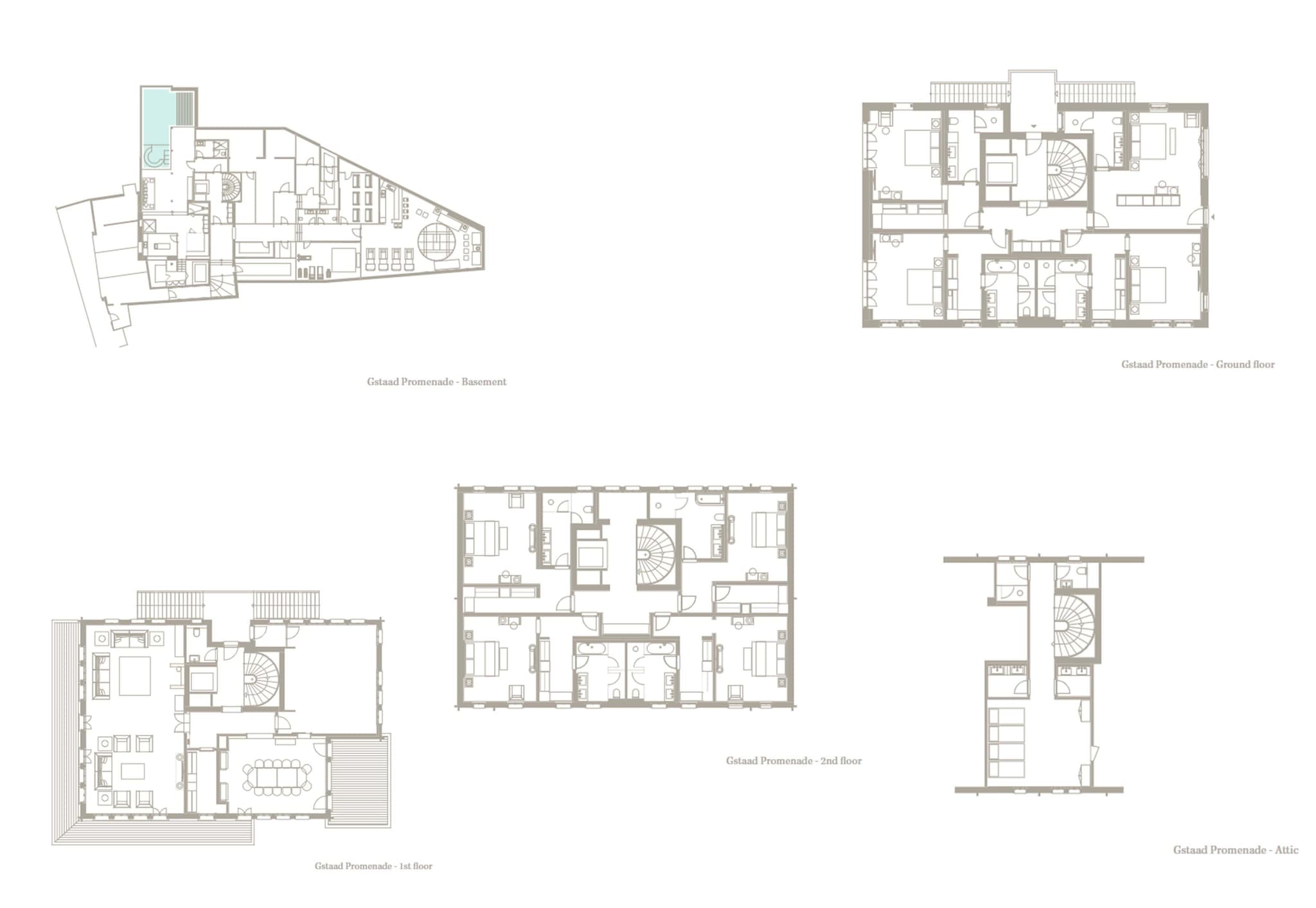 Floor plans for basement, ground, first, second, and attic levels