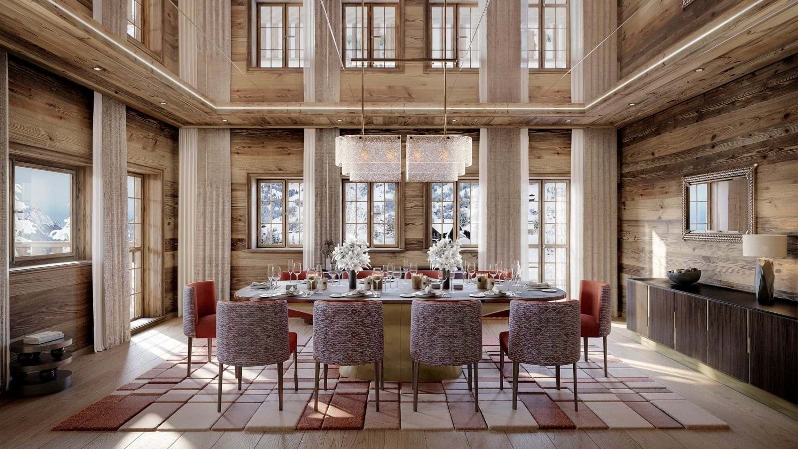 Dining room with seating for 10 and double-height mountain views