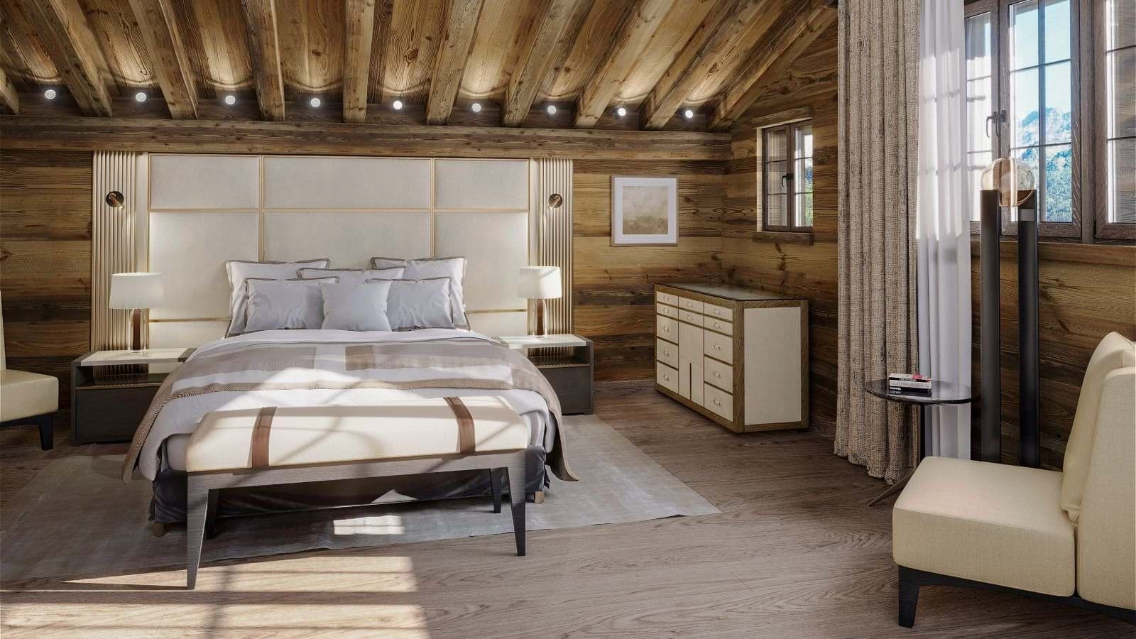 Primary bedroom with king bed, vaulted wood ceilings, and mountain views